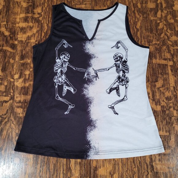 Edgy Sleeveless Top: Dancing Skeletons. Black and White. M. - Picture 2 of 8